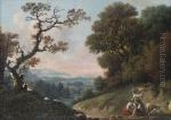 A Wooded River Landscape With Shepherds And Their Flock At Rest Oil Painting by Jean-Baptiste Pillement