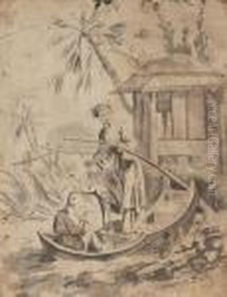 Chinoiserie - Fischerin Und Knabe Auf Einem Boot Oil Painting by Jean-Baptiste Pillement