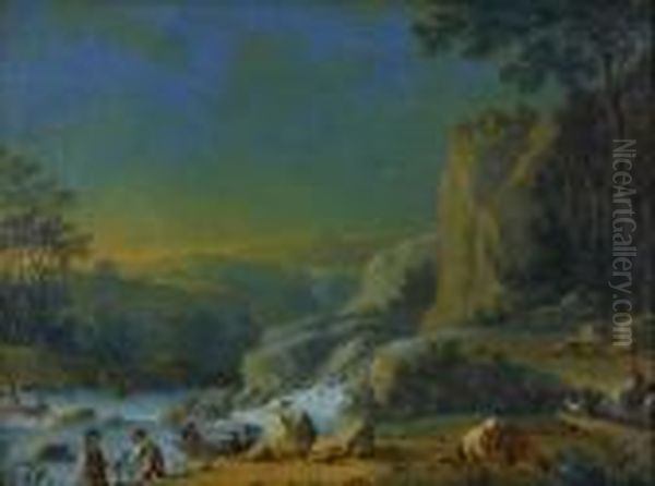 Figures And Animals By A Mountain Stream Oil Painting by Jean-Baptiste Pillement