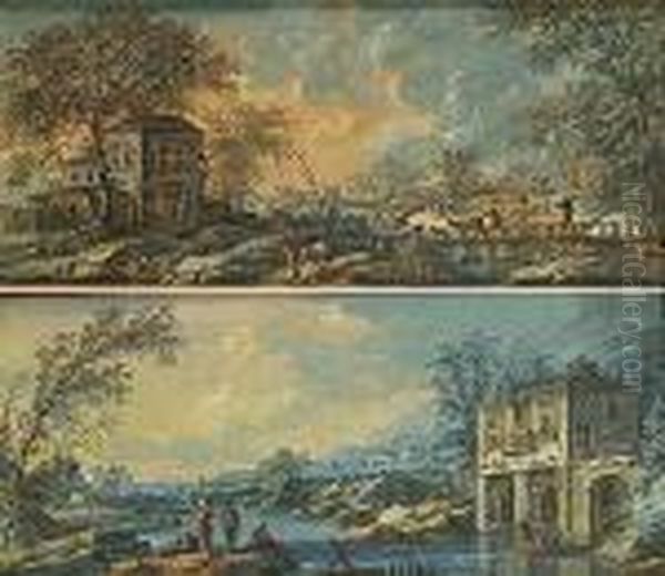 Deux Scenes Au Bord De L'eau Oil Painting by Jean-Baptiste Pillement