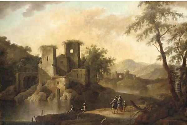 A landscape with Italianate ruins, anglers and other figures by a river Oil Painting by Pandolfo Reschi