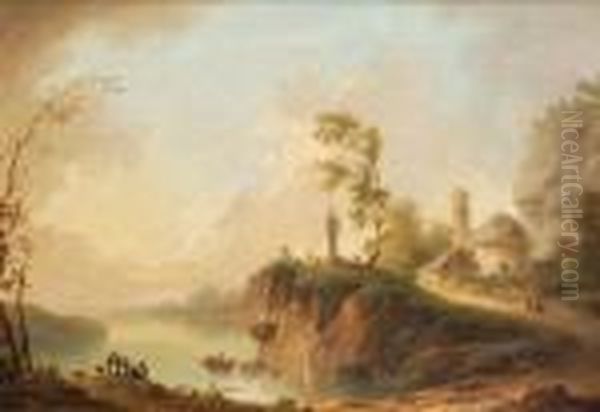 Figures Ina Lake Landscape Oil Painting by Jean-Baptiste Pillement