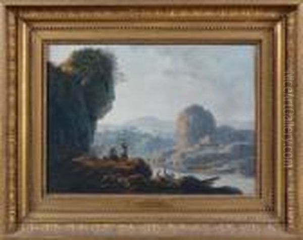 Pecheurs Pres D'une Riviere Avec Des Rochers Oil Painting by Jean-Baptiste Pillement