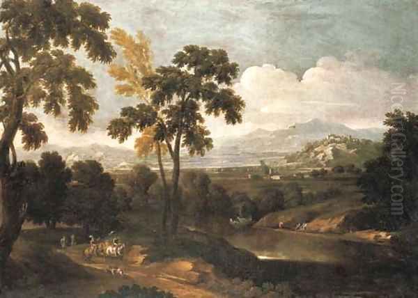 An extensive river landscape with a hunting party Oil Painting by Pandolfo Reschi