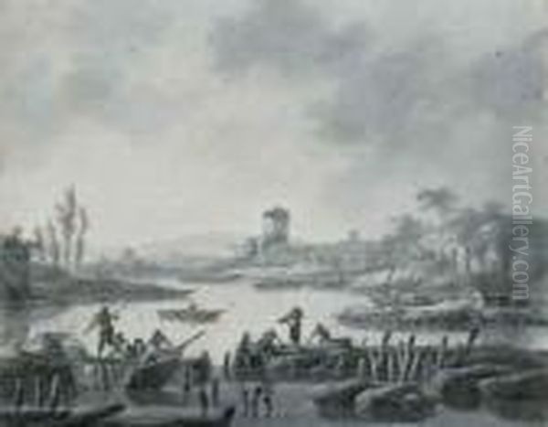 Pecheurs Remontant Leurs Filets 
Dans Des Barques Au Bord Du Rivage,une Tour A L'arriere-plan Oil Painting by Jean-Baptiste Pillement