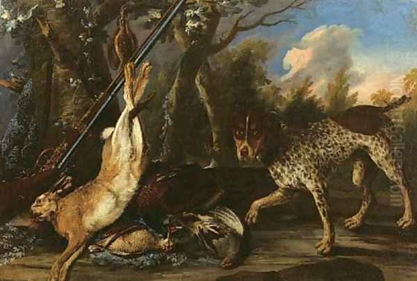 A dead hare and dead snipes hanging from a tree with a pheasant Oil Painting by Pieter Andreas Rysbrack