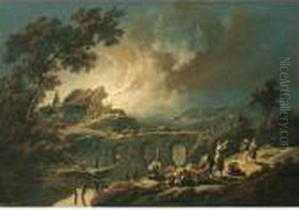 A River Landscape With Figures Fleeing A Burning Village Oil Painting by Jean-Baptiste Pillement