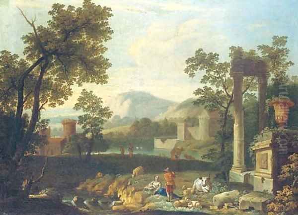 An Italianate landscape with shepherds by classical ruins Oil Painting by Pieter Rysbrack