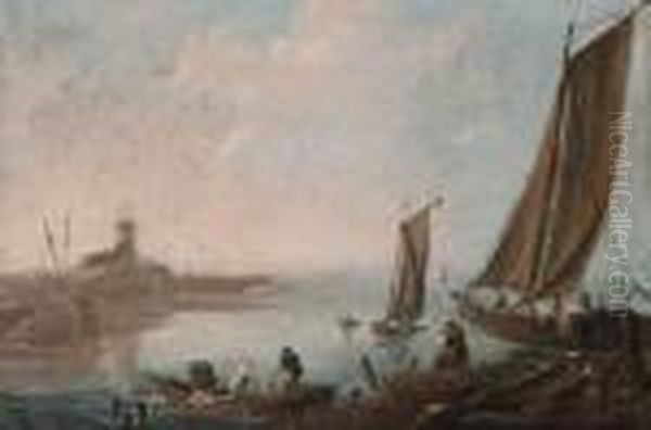 Pecheurs Dans Une Barque Et Un Bateau Devant Un Rivagerocheux Oil Painting by Jean-Baptiste Pillement