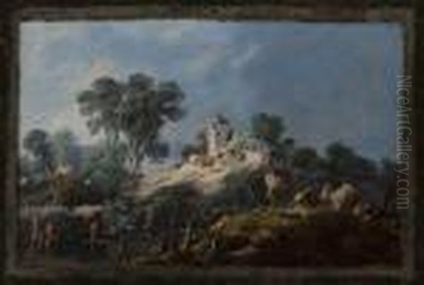 Repos De Paysans Sur Un Tertre Devant Une Ferme Dans Un Encadrementsimule Oil Painting by Jean-Baptiste Pillement