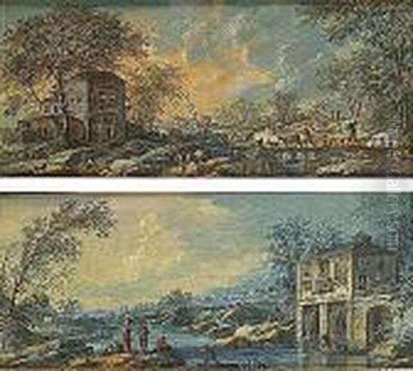 Deux Scenes Au Bord De L'eau Oil Painting by Jean-Baptiste Pillement