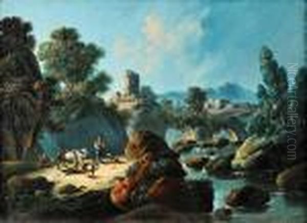 Paisagem - Pastores E Rebanho Junto De Ponte E De Ruinas Oil Painting by Jean-Baptiste Pillement