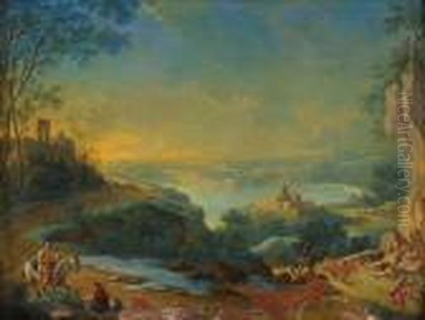 Figures In An Extensive Classical Landscape Oil Painting by Jean-Baptiste Pillement