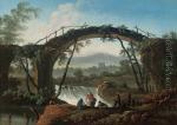 An Italianate River Landscape With Figures Under A Bridge, By A Waterfall Oil Painting by Jean-Baptiste Pillement