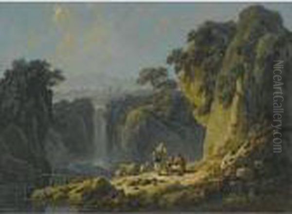 A Landscape With Peasants Resting Their Flock Beside A Waterfall Oil Painting by Jean-Baptiste Pillement