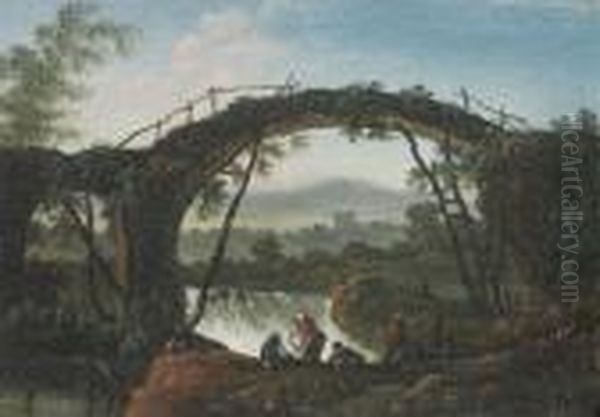 An Italianate River Landscape Oil Painting by Jean-Baptiste Pillement