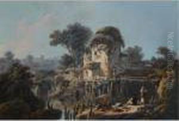 A Southern Landscape With Fishermen Near A Stone House Beside A River Oil Painting by Jean-Baptiste Pillement