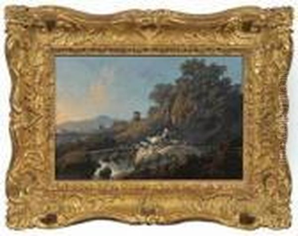 Italienische Gebirgslandschaft Mit Hirten An Einem Wasserfall Oil Painting by Jean-Baptiste Pillement