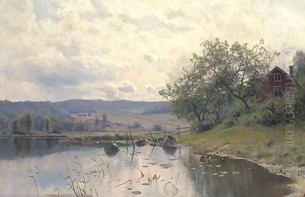 A tranquil river landscape Oil Painting by Edvard Rosenberg