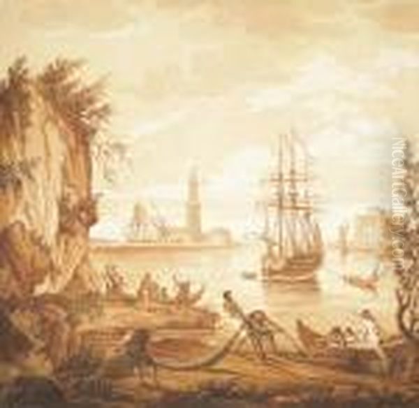 A Mediterranean Coastal Harbour With Shipping And Fishermen Hauling Nets: En Brunaille Oil Painting by Jean-Baptiste Pillement