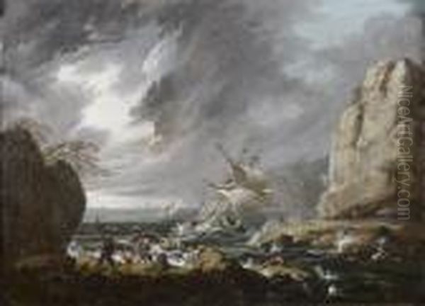 Bateau Sur Une Mer Agitee Aux Abords D'une Cote Rocheuse Oil Painting by Jean-Baptiste Pillement