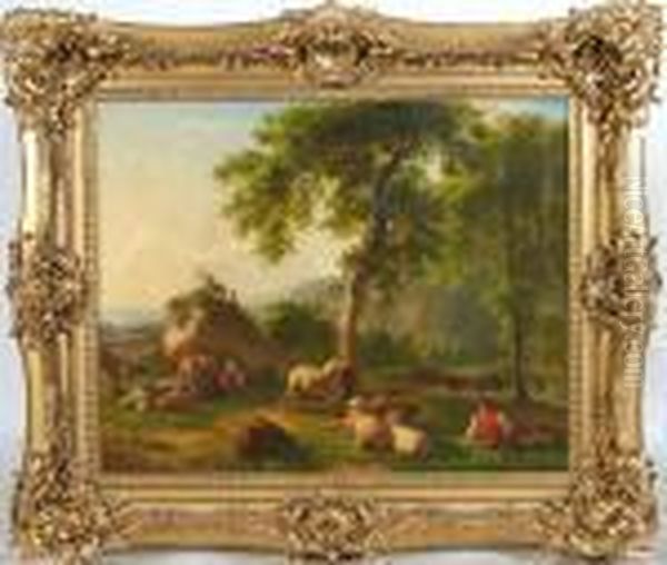 Shepherds And Theirflock Resting In Landscape Oil Painting by Jean-Baptiste Pillement