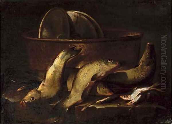 A catch of fish by a copper cauldron on a stone ledge Oil Painting by Elena Recco