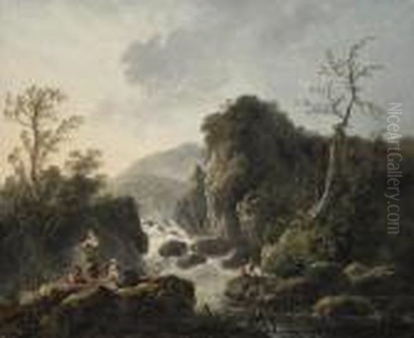 A Mountainous River Landscape With Figures Fishing Below Acascade Oil Painting by Jean-Baptiste Pillement