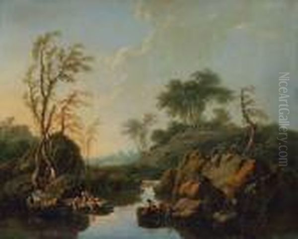 Landschaft Mit Wascherinnen, Anglern Und Hirten Oil Painting by Jean-Baptiste Pillement