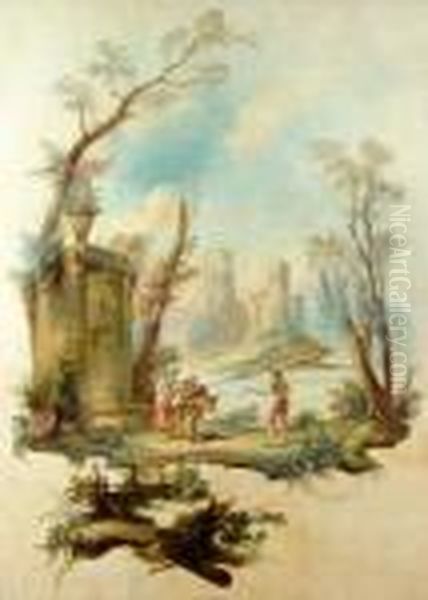 Paysans Devant Une Fontaine Oil Painting by Jean-Baptiste Pillement