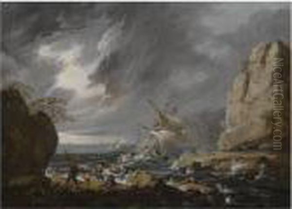 A Stormy Coastal Landscape With A Ship Running Aground Oil Painting by Jean-Baptiste Pillement