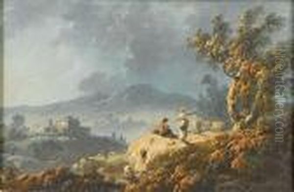 A Rocky River Landscape At Dusk 
With Shepherdsresting Beneath A Tree; And A River Landscape With A 
Shepherd Andshepherdess And Their Flock Oil Painting by Jean-Baptiste Pillement