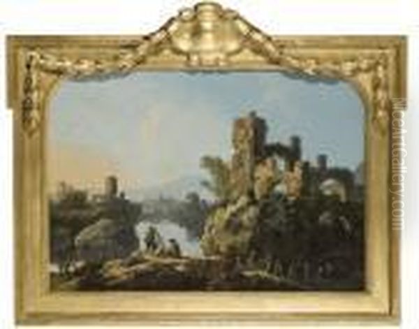 Pecheurs Au Bord D'un Lac Surplombe Par Un Chateau En Ruines Oil Painting by Jean-Baptiste Pillement