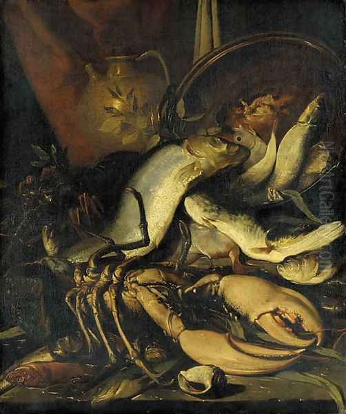 A lobster, cod and other fish with a copper urn and a jug on a stone ledge with a seashell Oil Painting by Elena Recco