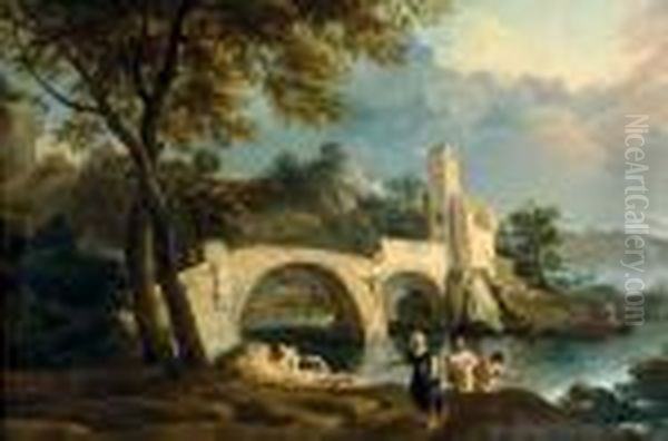 Paysage Anime Au Pont Oil Painting by Jean-Baptiste Pillement