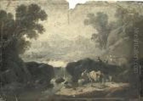 A River Landscape With Peasants And Animals Oil Painting by Jean-Baptiste Pillement