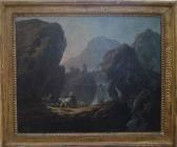 Bergers Et Troupeau Dans Un Paysage De Cascade Oil Painting by Jean-Baptiste Pillement