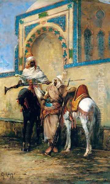 Arab horsemen resting outside a mosque Oil Painting by Giuseppe Raggio