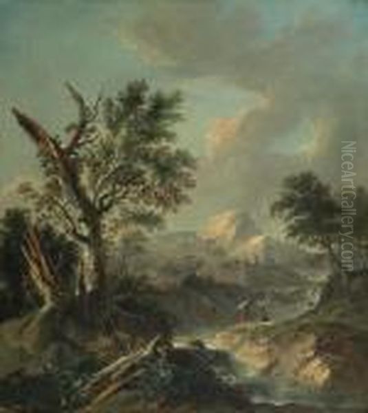 Landschaft Mit Fischern Am Fluss. Oil Painting by Jean-Baptiste Pillement