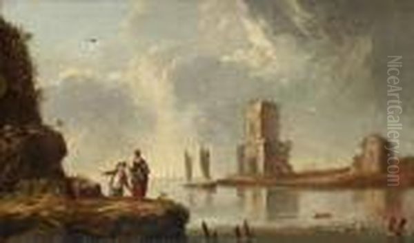 Flodlandskap Med Byggnader Och Figurer Oil Painting by Jean-Baptiste Pillement