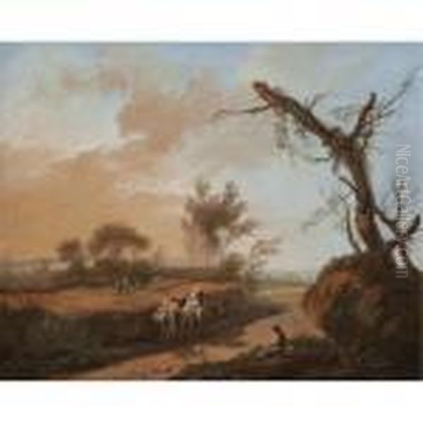 An Italianate Landscape With Travellers On A Track Oil Painting by Jean-Baptiste Pillement