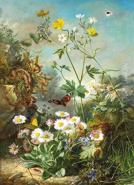 Daisies, buttercups and forget-me-nots on a forest floor, with butterflies Oil Painting by Jean Marie Reignier