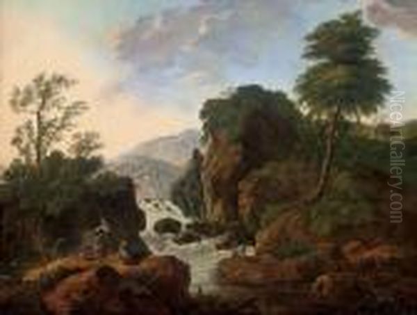 A Wooded Mountainous River Landscape With Anglers By A Waterfall Oil Painting by Jean-Baptiste Pillement