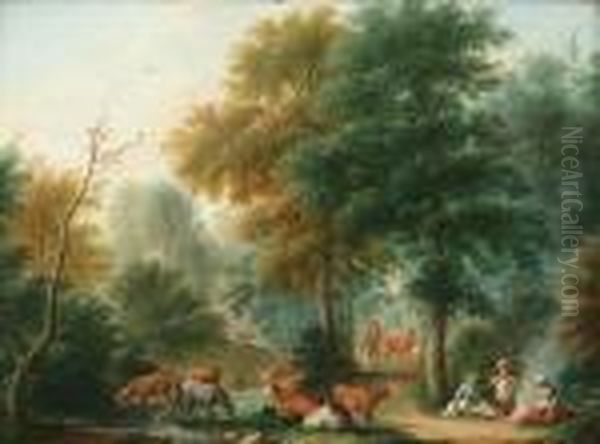 Drovers With Cattle In A Landscape: Two Oil Painting by Jean-Baptiste Pillement