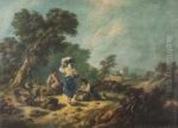 Ziegenhirte Und Bauerinnen In Bewaldeter Landschaft. Oil Painting by Jean-Baptiste Pillement