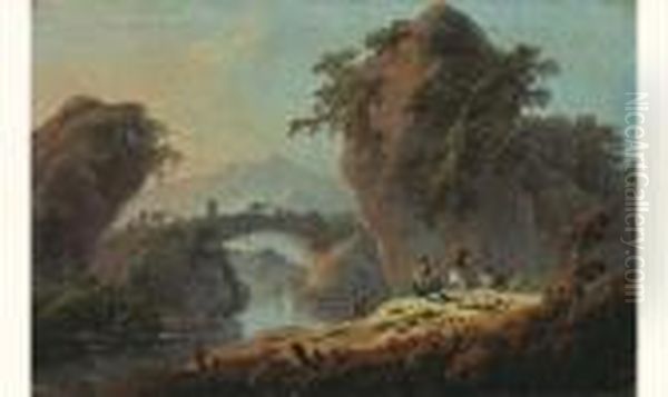 Un Paysage De Riviere Au Portugal Anime De Deux Bergers Oil Painting by Jean-Baptiste Pillement