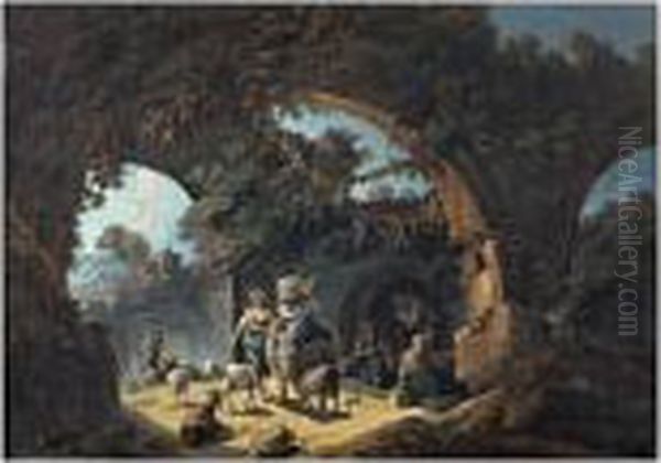 Des Bergers Et Leur Troupeau A L'abri Sous Des Ruines Dans Un Paysage Oil Painting by Jean-Baptiste Pillement