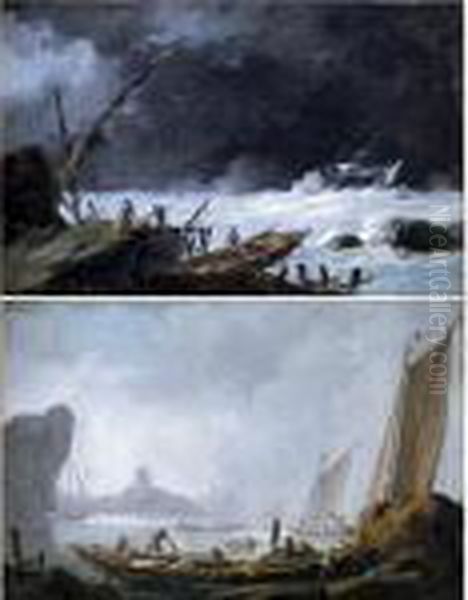 Fishermen Unloading Their Catch 
On The Shore, A Distant Castle Visible Through Fog Beyond Oil Painting by Jean-Baptiste Pillement