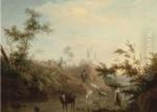 A River Landscape With A Drover, His Cattle And A Shepherd And Hisflock by Jean-Baptiste Pillement