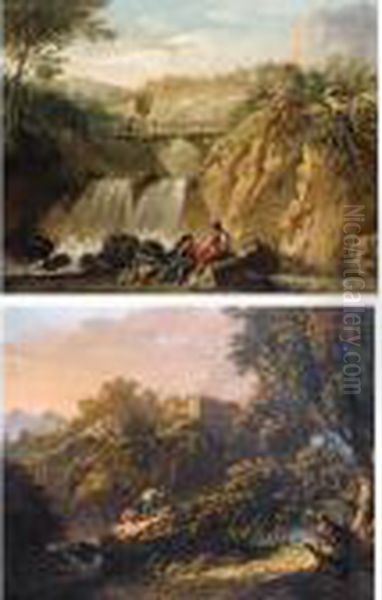 A Mountainous Landscape With A 
Bridge Over A Waterfall And Two Young Men Conversing On A Rock In The 
Foreground Oil Painting by Jean-Baptiste Pillement